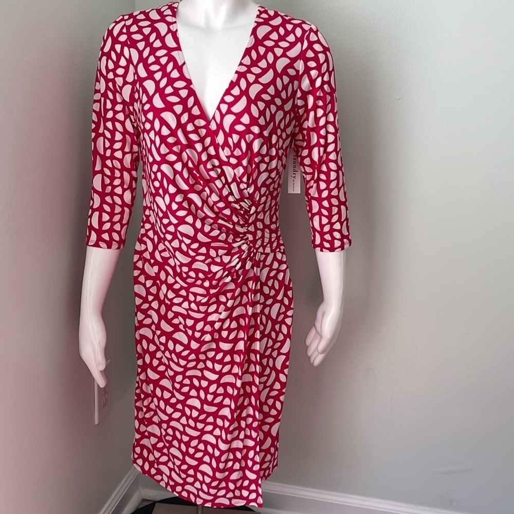 Laundry by Design Hot Pink/White Polyester Spandex Lined Faux Wrap Dress NEW